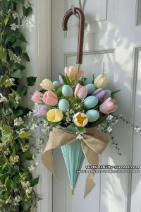 upcycled umbrella filled with silk tulips and easter eggs for the door 7