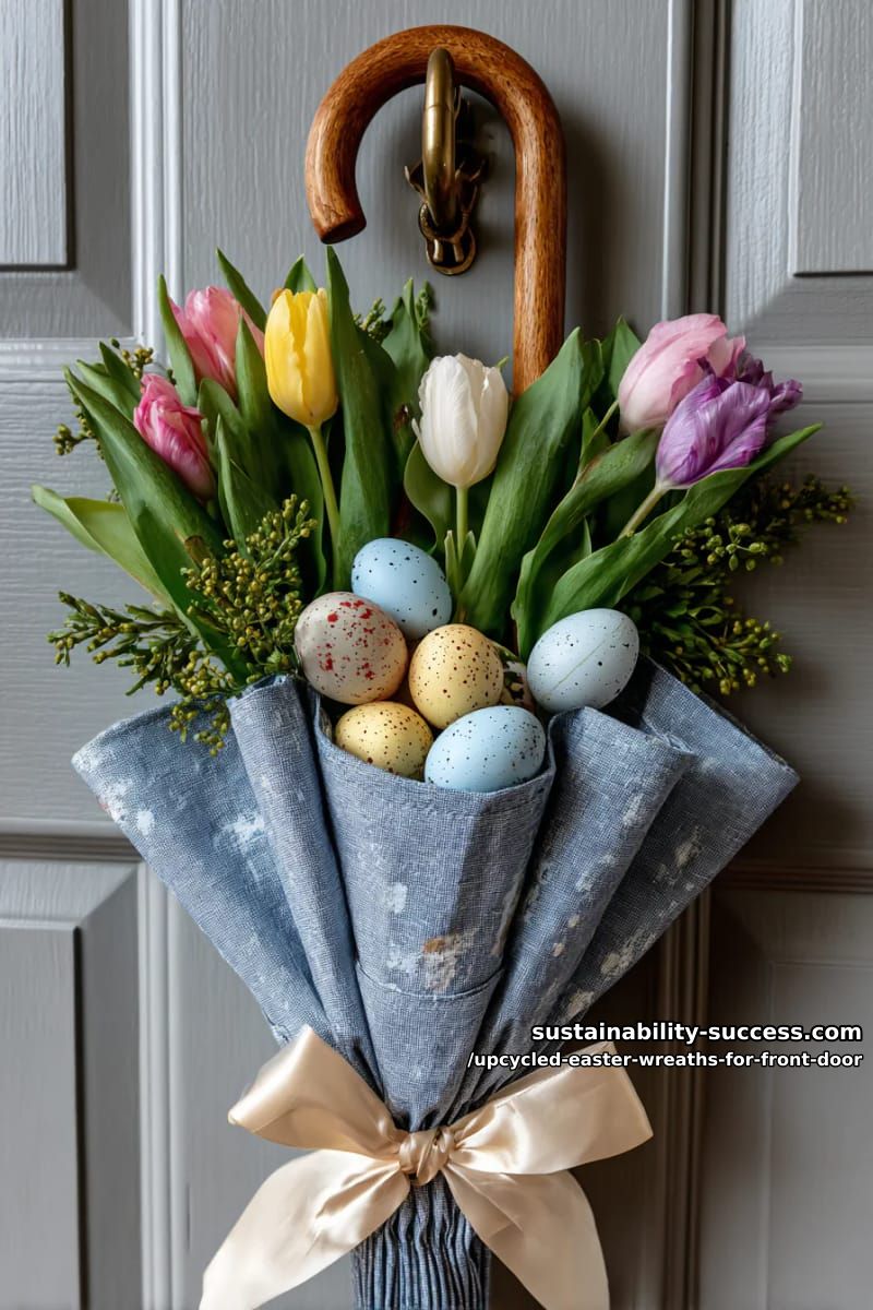 upcycled umbrella filled with silk tulips and easter eggs for the door 1