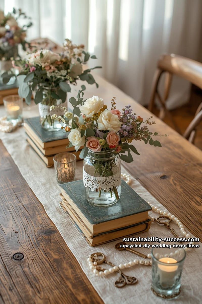 vintage books stacked for romantic centerpiece bases with lace trim 1