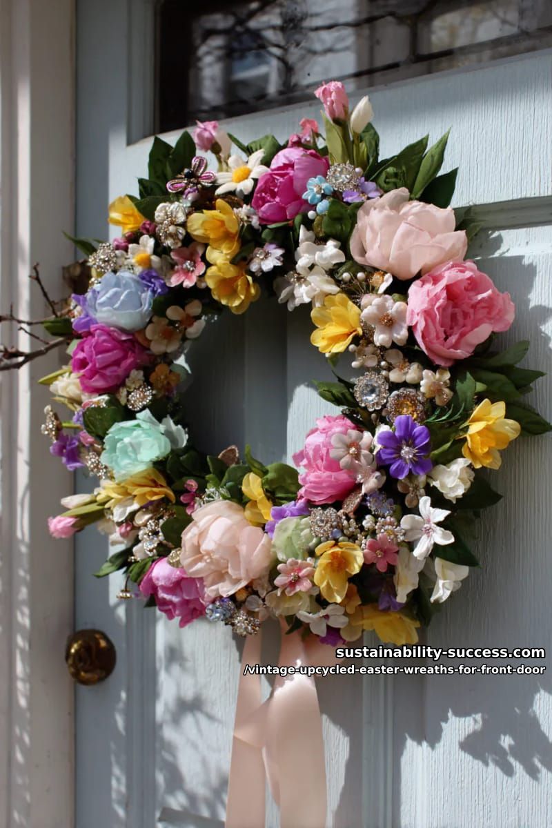 vintage brooches and silk flower cluster wreath in soft easter colors 1