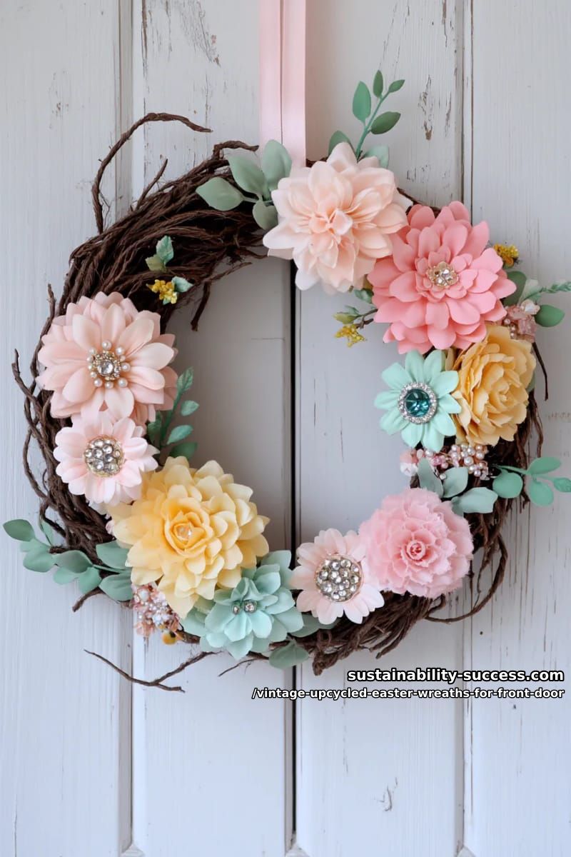 vintage brooches and silk flower cluster wreath in soft easter colors 1