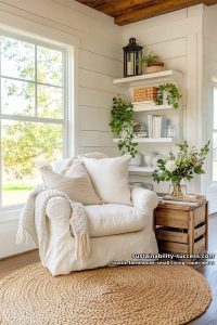 vintage crate side table beside a cozy slipcovered reading nook 29