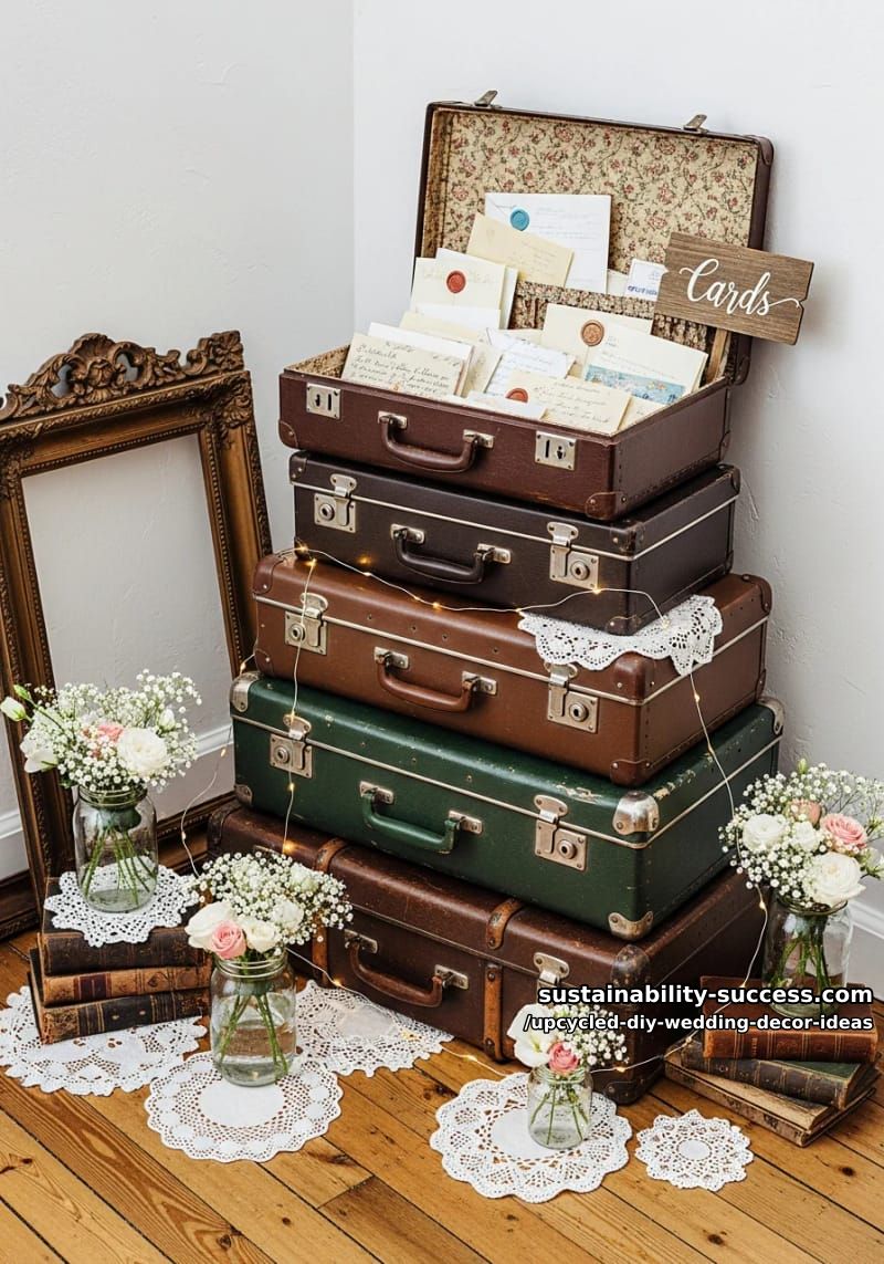vintage suitcases stacked as card boxes or photo prop corners 1