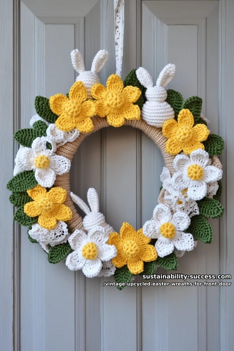 vintage sweater sleeve wreath with crocheted daffodils and bunnies 1