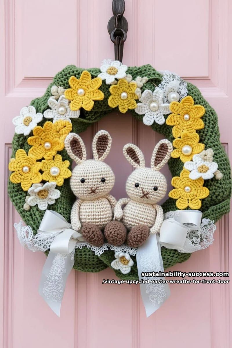 vintage sweater sleeve wreath with crocheted daffodils and bunnies 1
