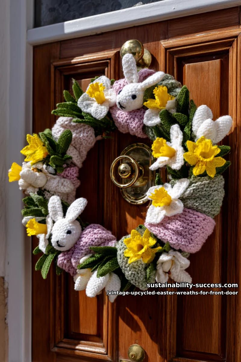 vintage sweater sleeve wreath with crocheted daffodils and bunnies 1