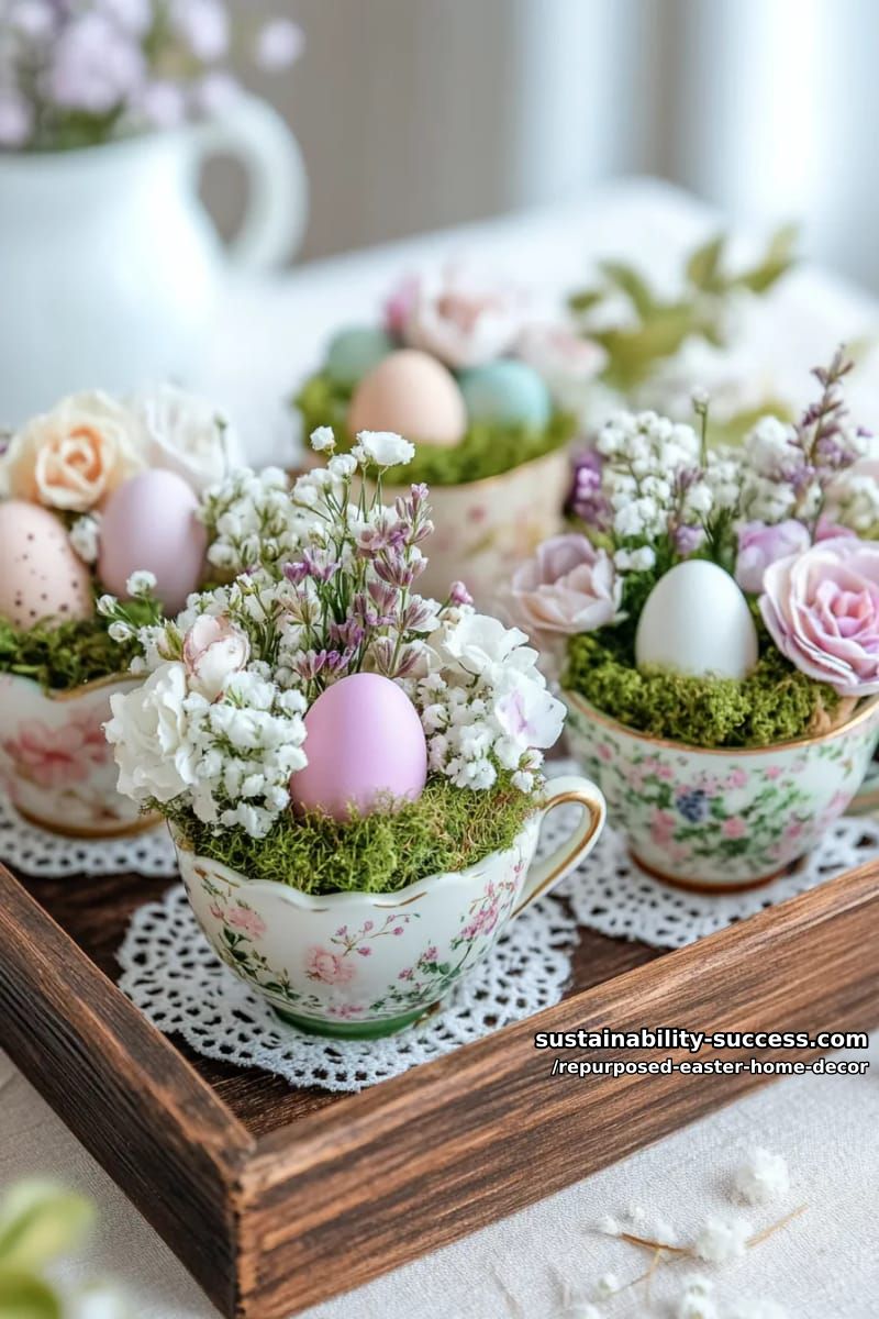 15 Repurposed Easter Home Decor For a Creative and Sustainable Celebration 3 vintage teacup nests with moss, faux eggs, and tiny florals 1
