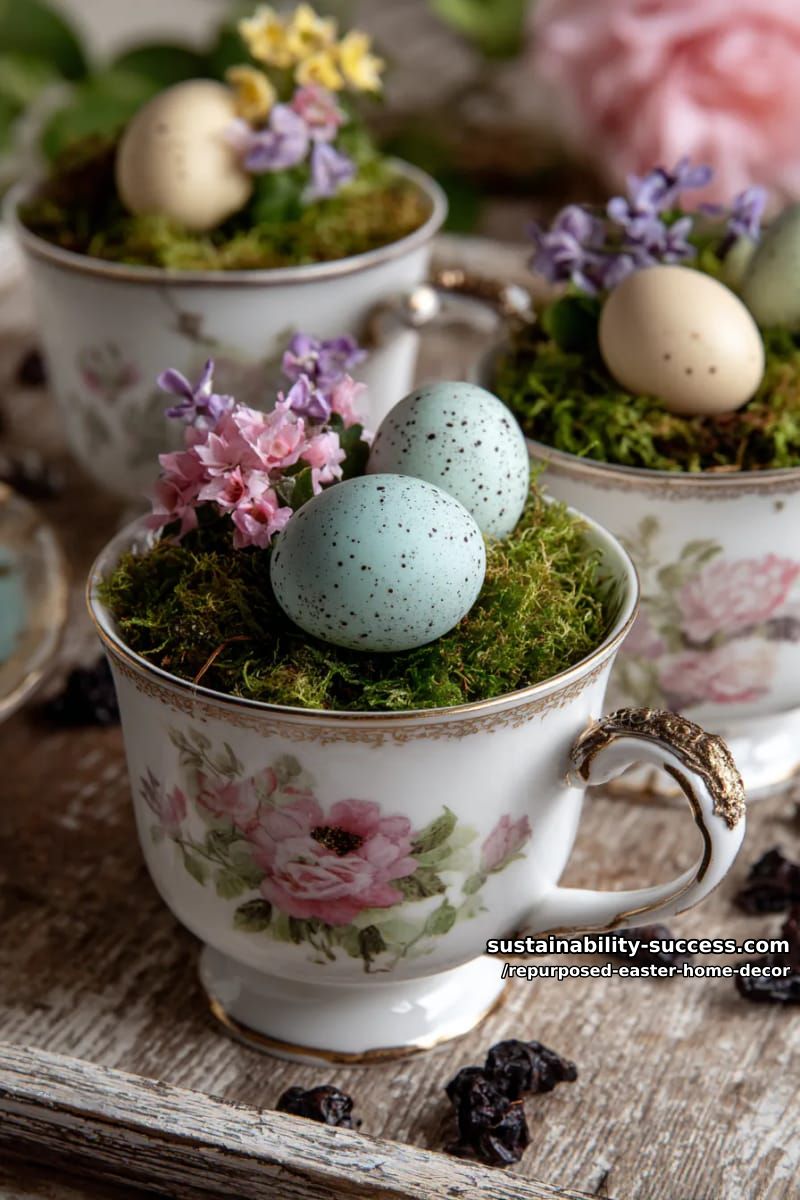 15 Repurposed Easter Home Decor For a Creative and Sustainable Celebration 4 vintage teacup nests with moss, faux eggs, and tiny florals 1