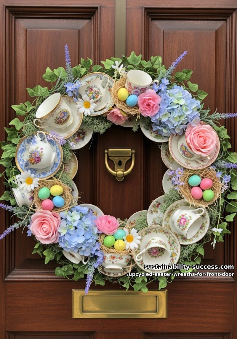 vintage teacup wreath with pastel eggs and silk florals 1