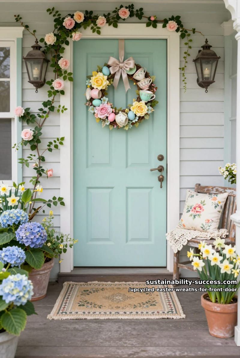 vintage teacup wreath with pastel eggs and silk florals 1