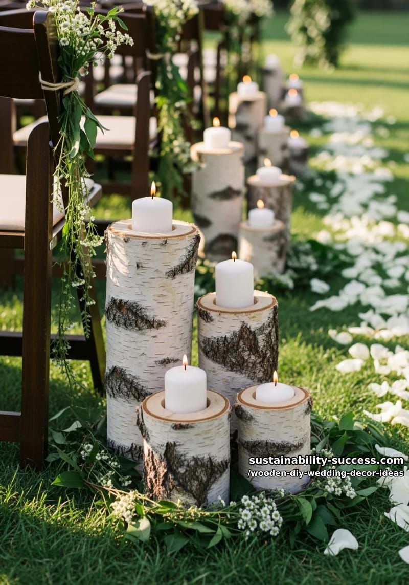 whimsical birch bark candle holders placed along the aisle 33