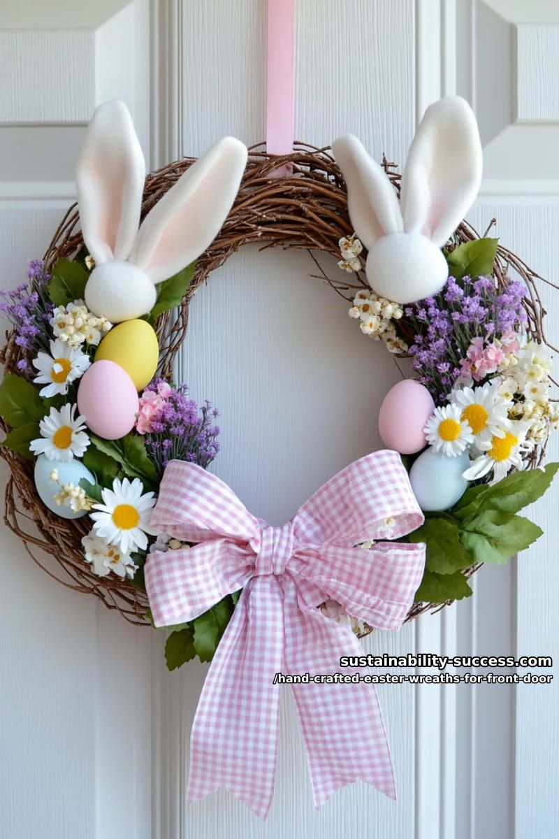 whimsical pastel bunny ears wreath with a gingham bow for your front door 1