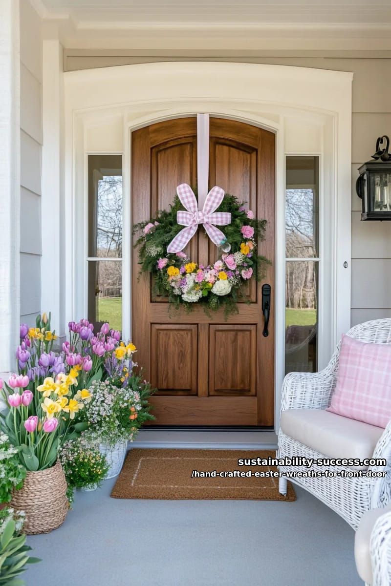 whimsical pastel bunny ears wreath with a gingham bow for your front door 1