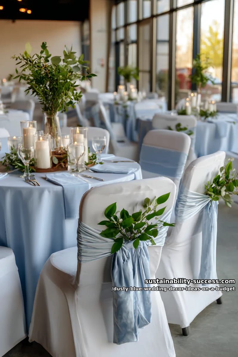white chair covers tied with blue velvet bows and greenery 1