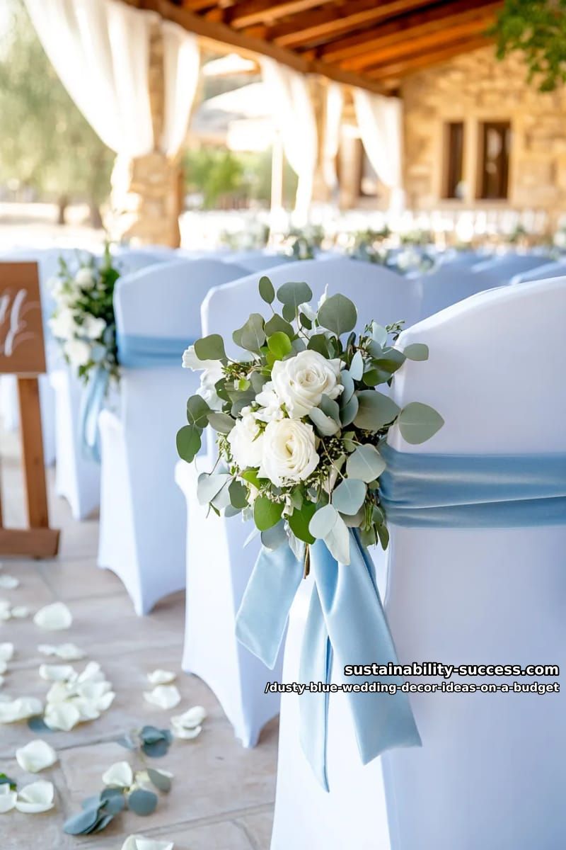 white chair covers tied with blue velvet bows and greenery 1