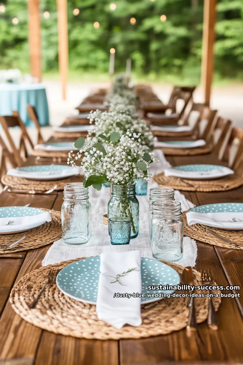 wicker chargers paired with blue polka dot dinner plates 1