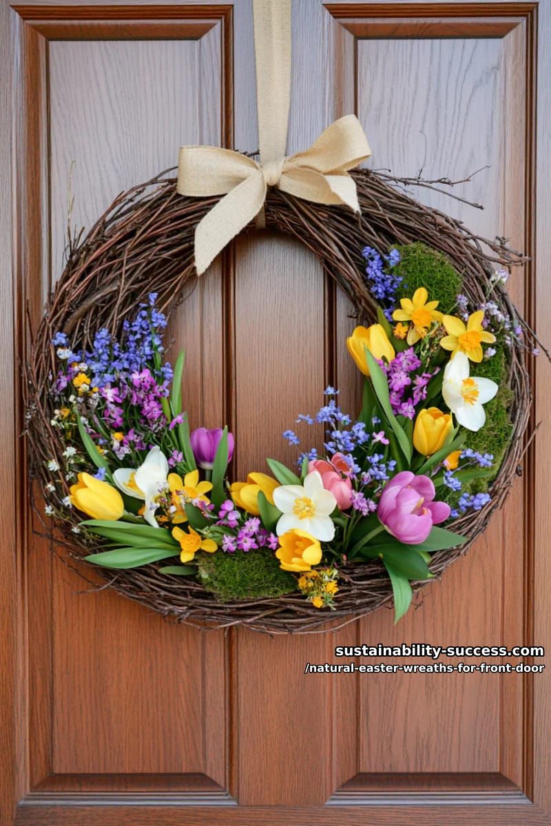 wildflower meadow wreath with fresh daffodils, tulips, and tiny bluebells 1