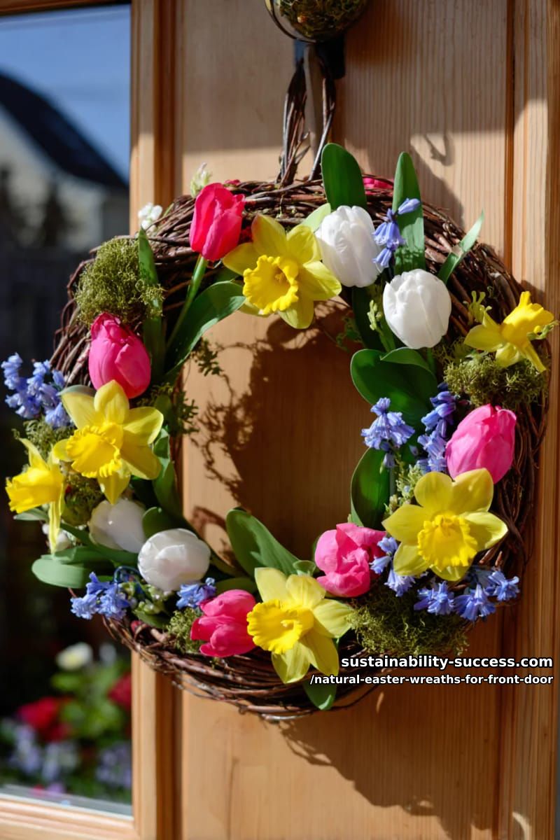 wildflower meadow wreath with fresh daffodils, tulips, and tiny bluebells 1