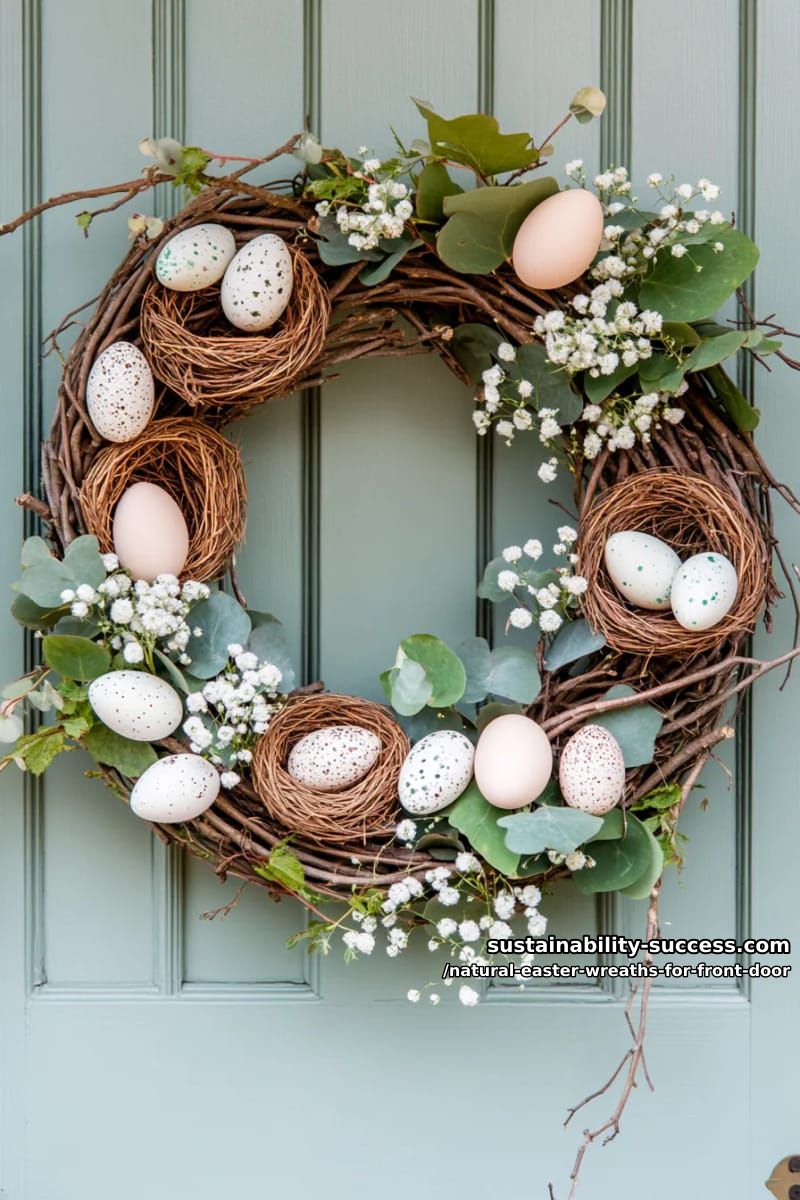 willow branches circle with moss, mini bird nests, and pastel speckled eggs 1