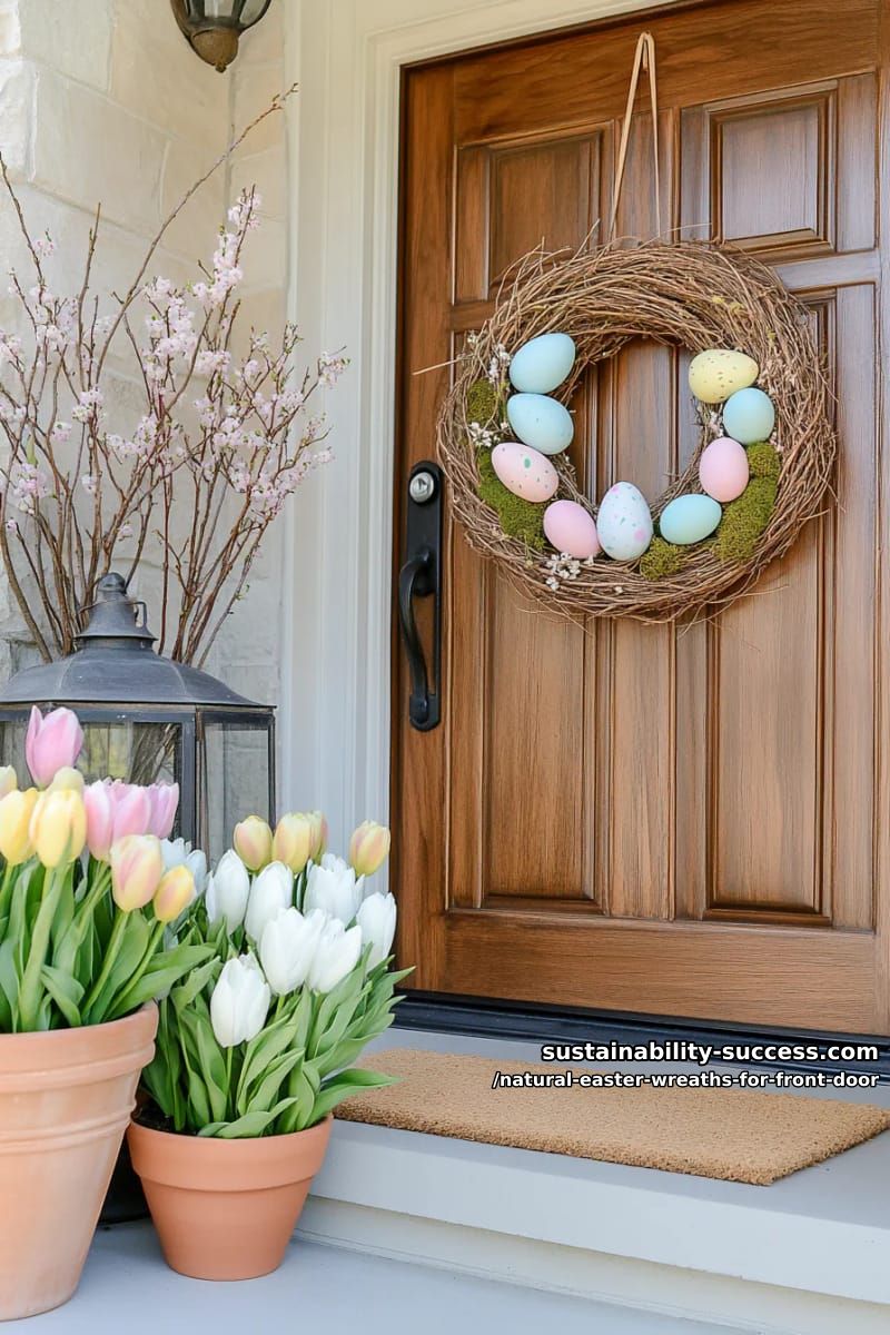 willow branches circle with moss, mini bird nests, and pastel speckled eggs 1