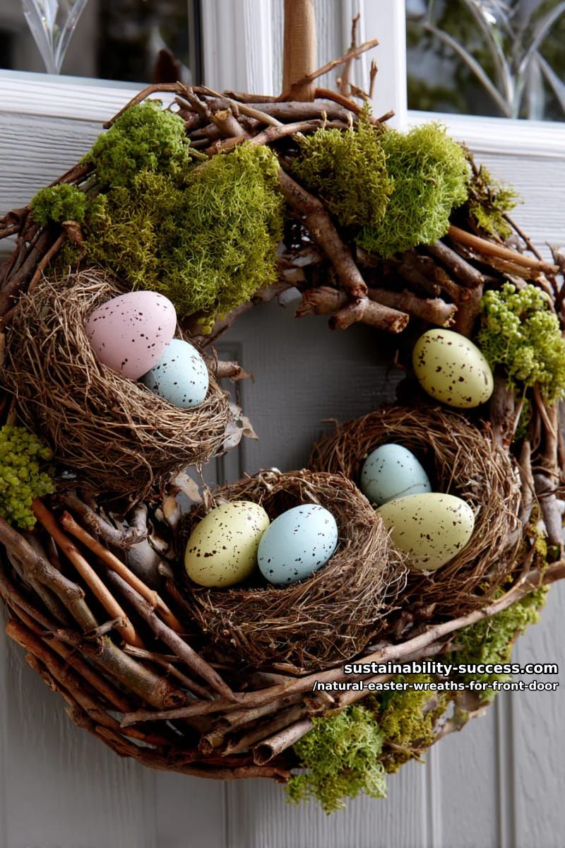 willow branches circle with moss, mini bird nests, and pastel speckled eggs 1
