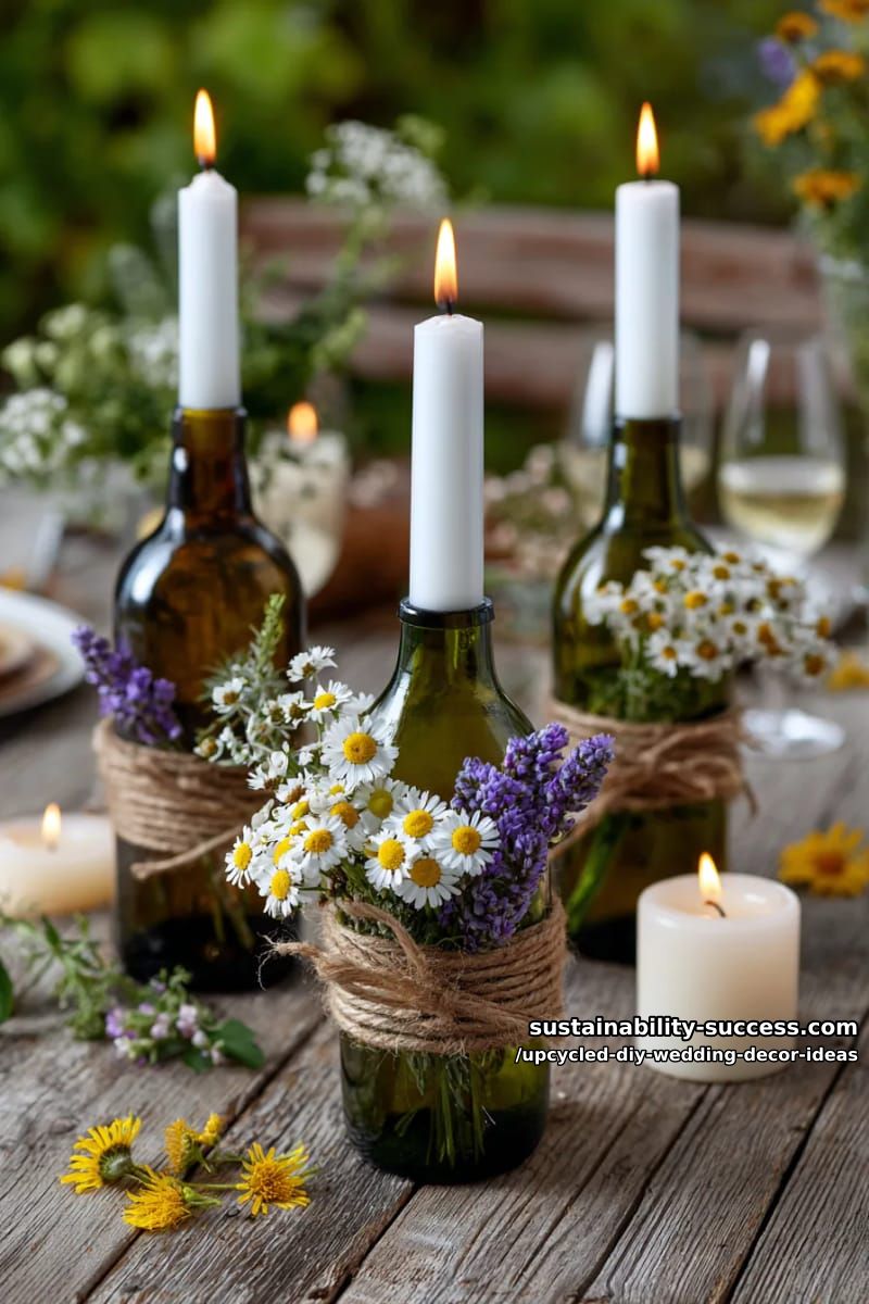 wine bottle candle holders with twine and wildflower accents for rustic centerpieces 1