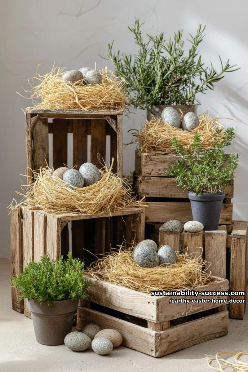 wooden crates stacked with hay nests, stone eggs, and potted herbs 17