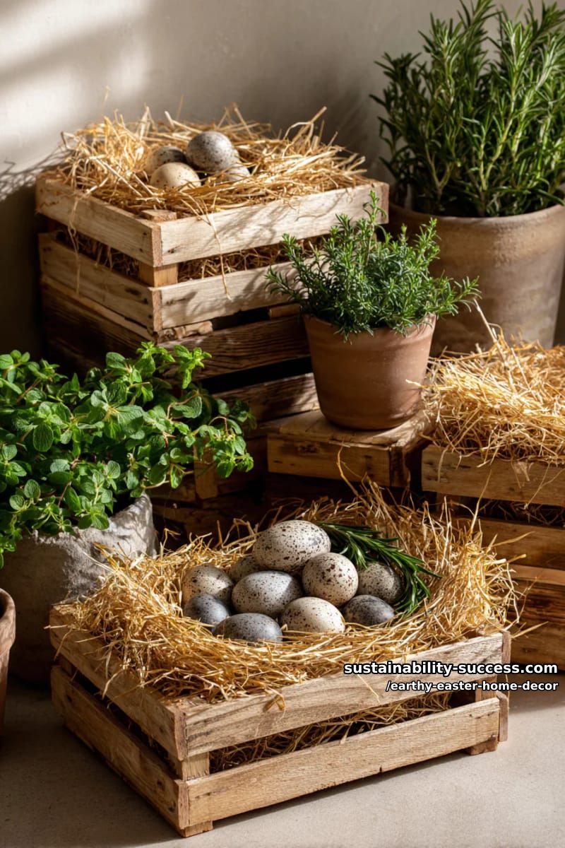 wooden crates stacked with hay nests, stone eggs, and potted herbs 1