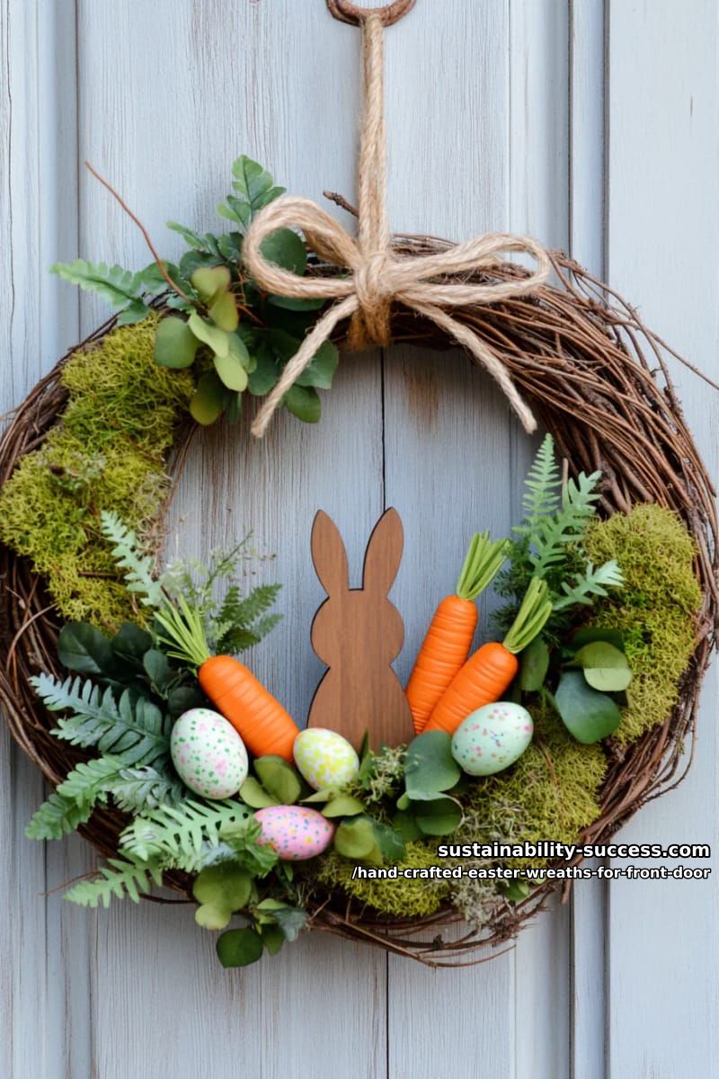 woodland-inspired wreath with tiny carrots, moss, and wooden bunny silhouette 1