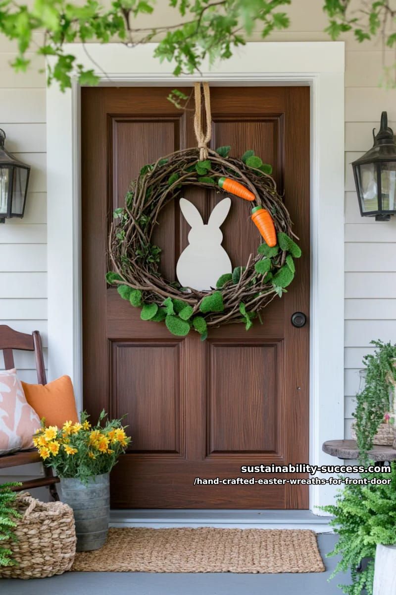 woodland-inspired wreath with tiny carrots, moss, and wooden bunny silhouette 1