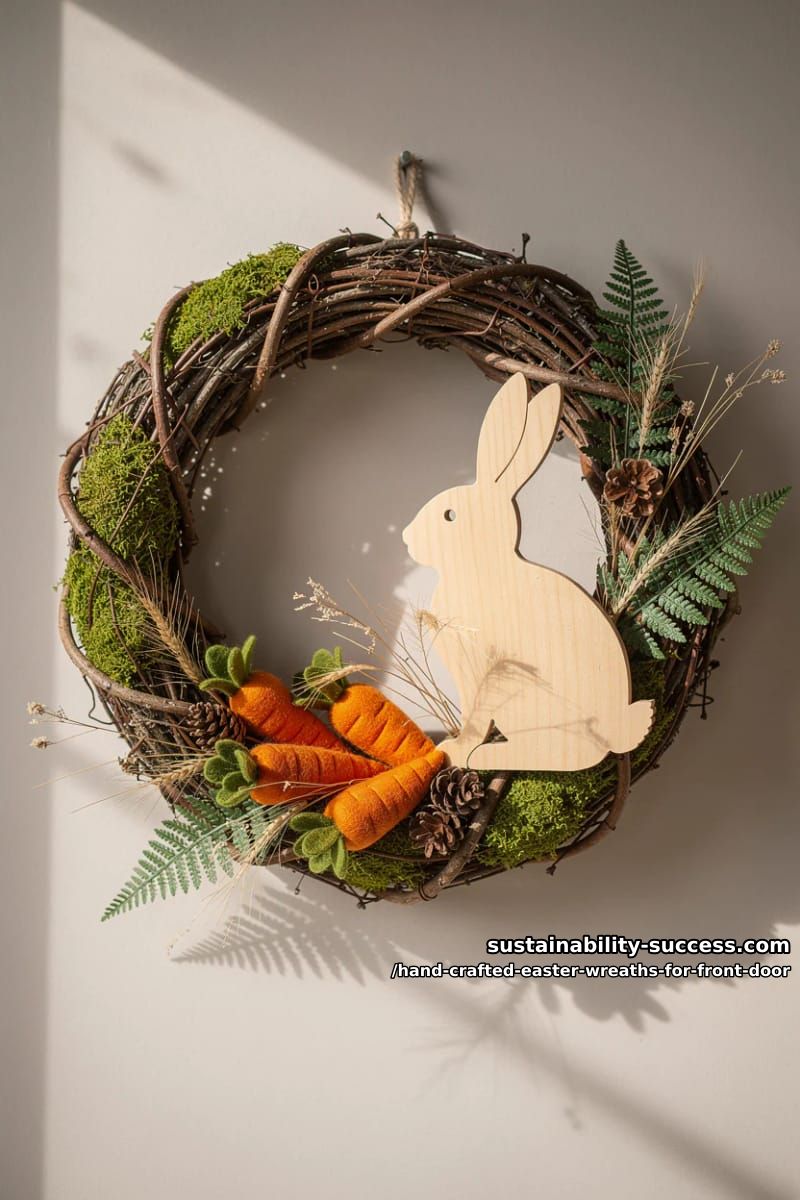woodland-inspired wreath with tiny carrots, moss, and wooden bunny silhouette 1