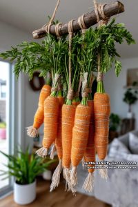 woven carrot wall hanging from orange fabric leftovers and green yarn 8