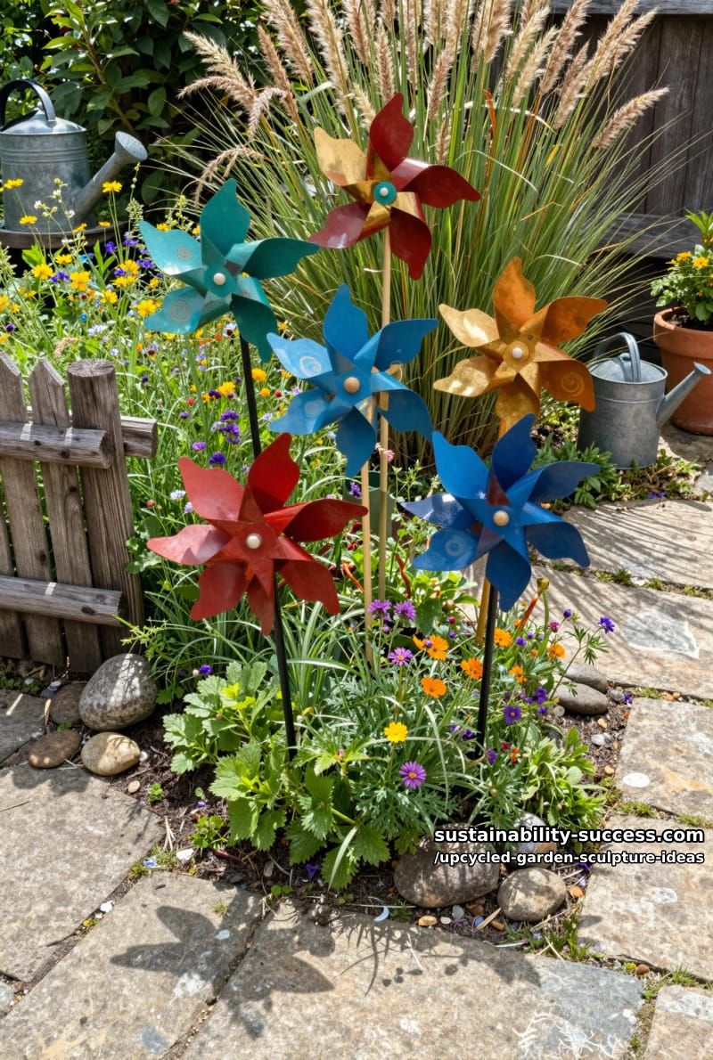abstract wind spinners from painted and bent scrap metal 1