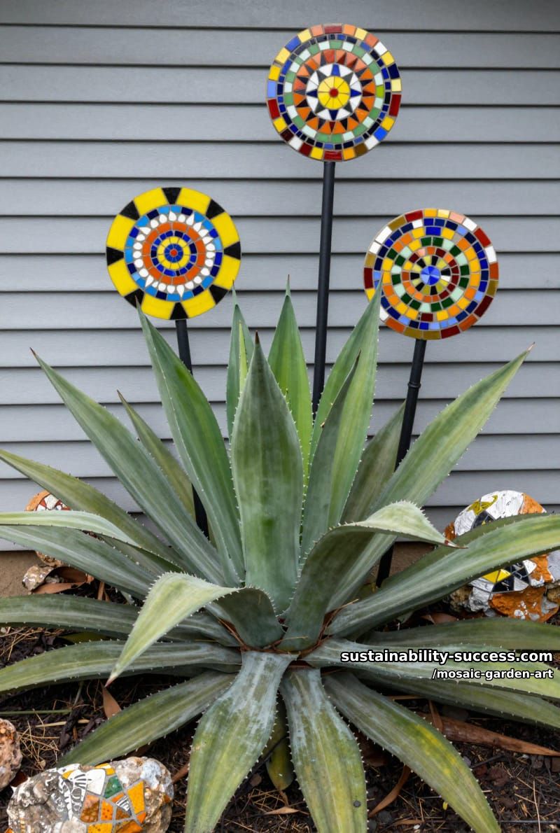 agave garden with metal rods topped by colorful circular mosaic decorations 1