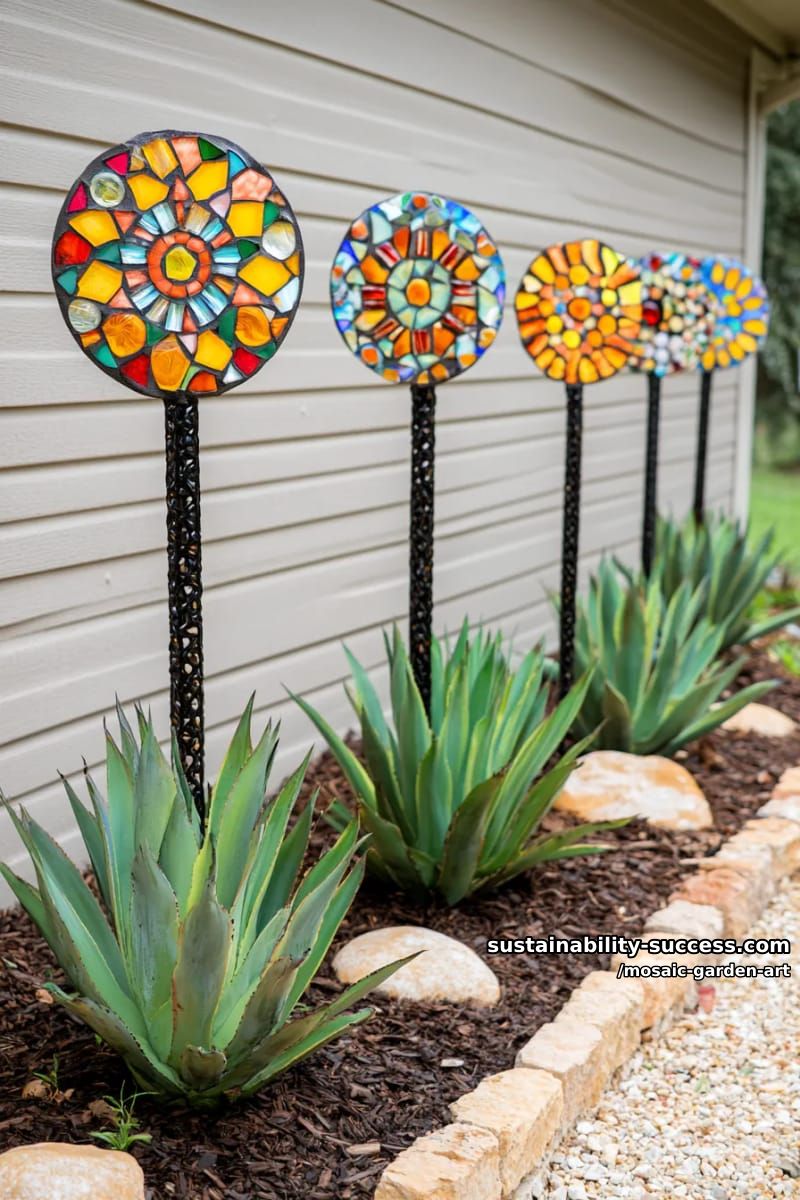 agave garden with metal rods topped by colorful circular mosaic decorations 1