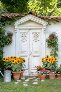 antique french door leaned against fence, decorated with potted sunflowers 36