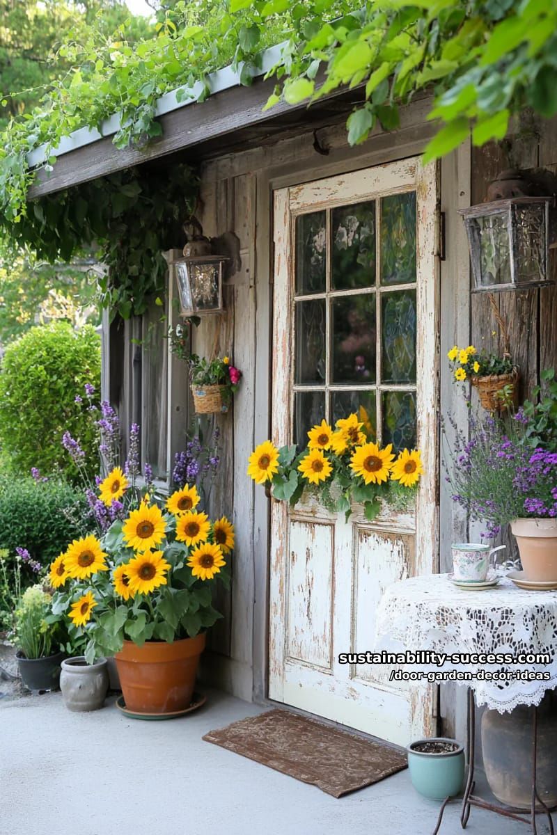 antique french door leaned against fence, decorated with potted sunflowers 1