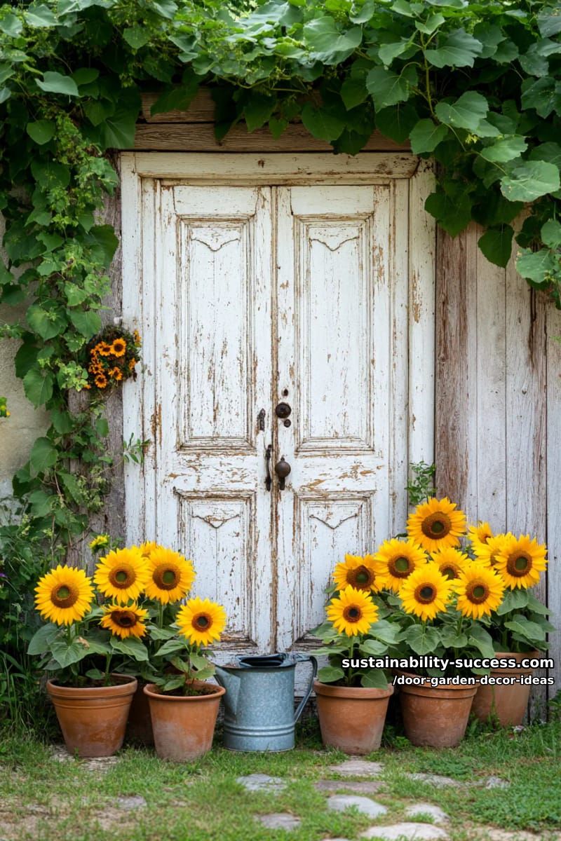 antique french door leaned against fence, decorated with potted sunflowers 1