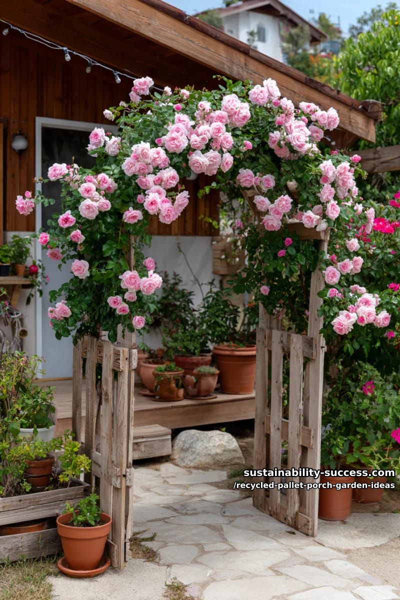artistic pallet garden archway covered in climbing roses and fairy lights 1