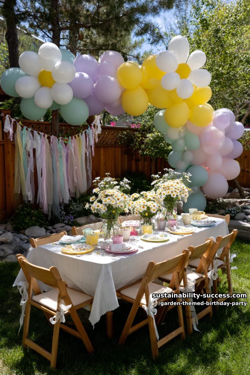 backyard scene with daisy-shaped balloon flowers and pastel decor. 1