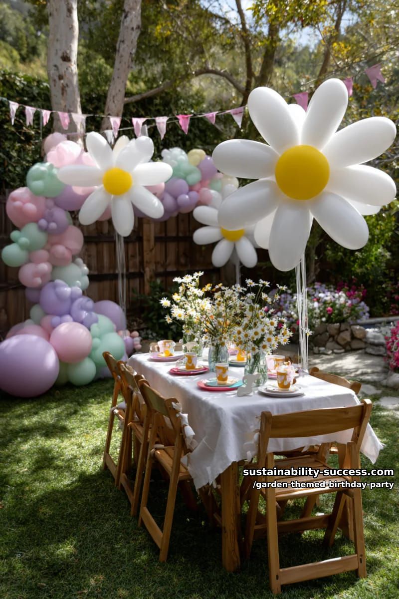 backyard scene with daisy-shaped balloon flowers and pastel decor. 1