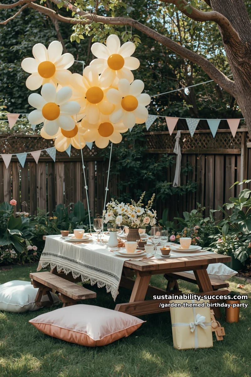 backyard scene with daisy-shaped balloon flowers and pastel decor. 1