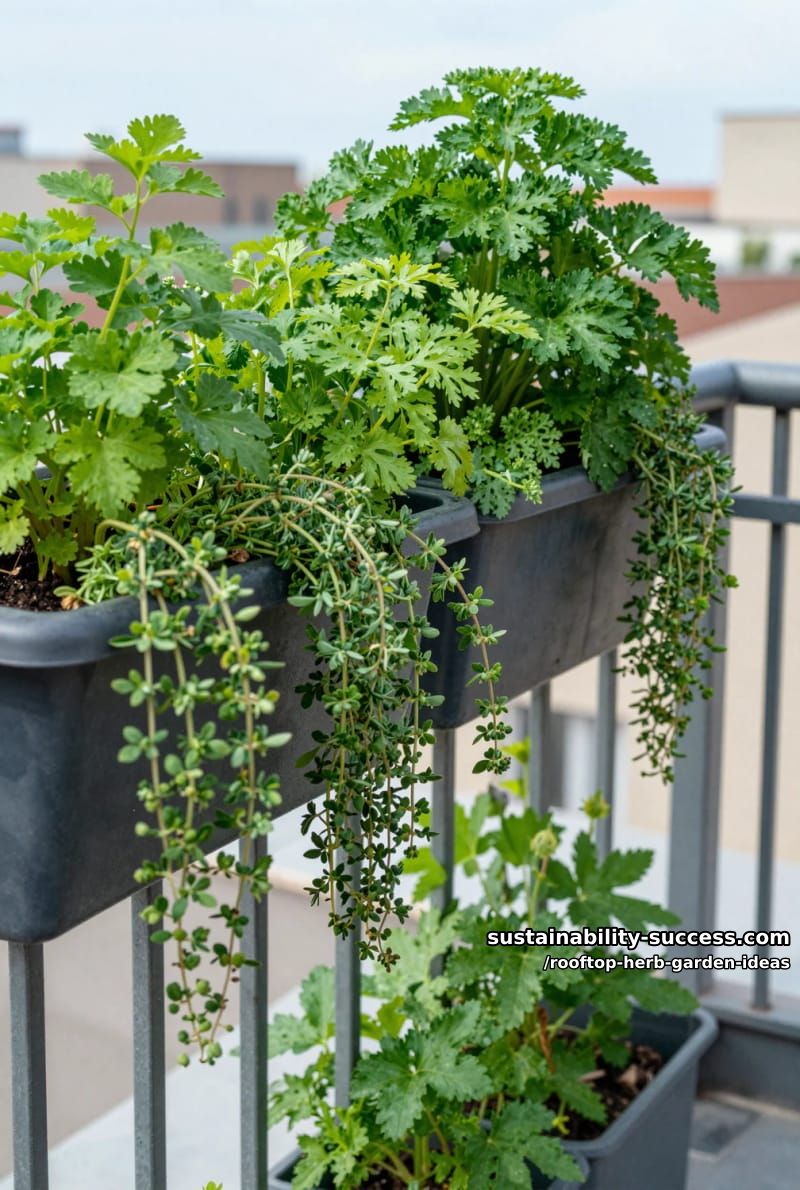 balcony rail planters overflowing with trailing thyme and lush parsley 1