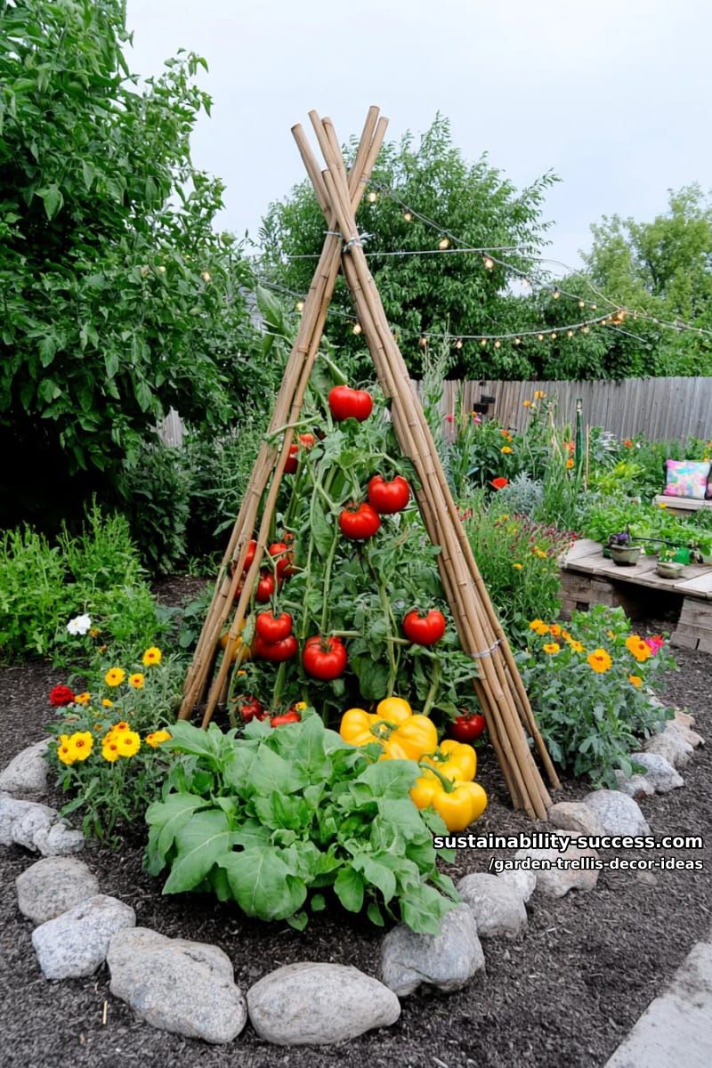 bamboo zigzag trellis supporting colorful vegetable vines 1
