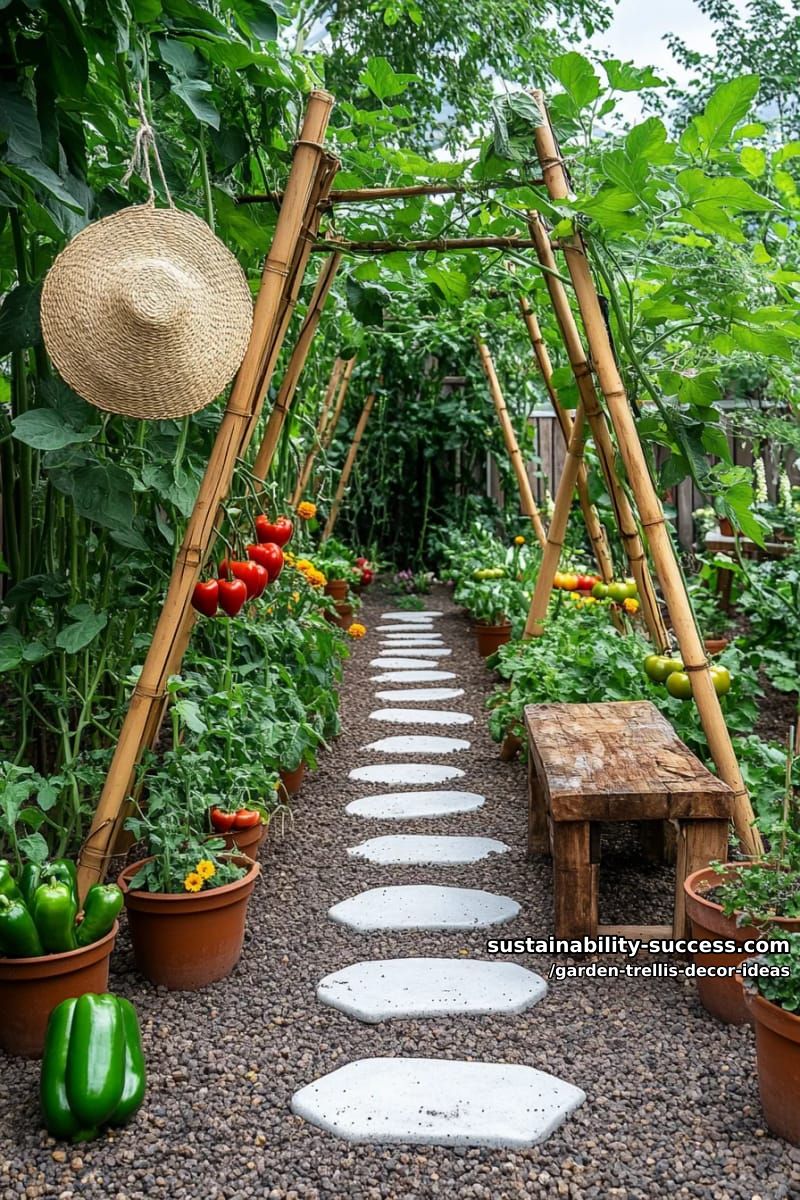 bamboo zigzag trellis supporting colorful vegetable vines 1