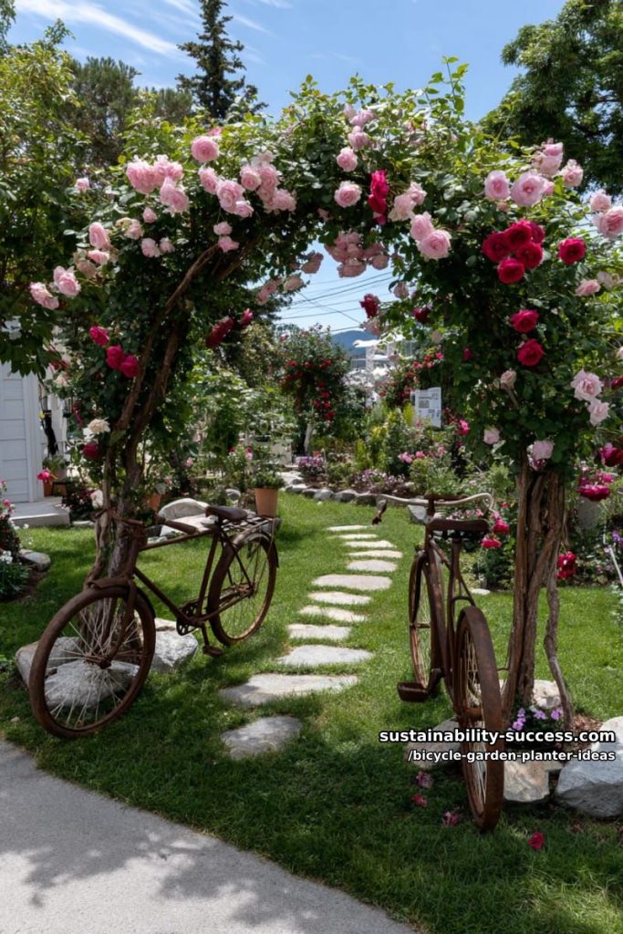 bicycle planter garden archway made of twined bikes and climbing roses 17