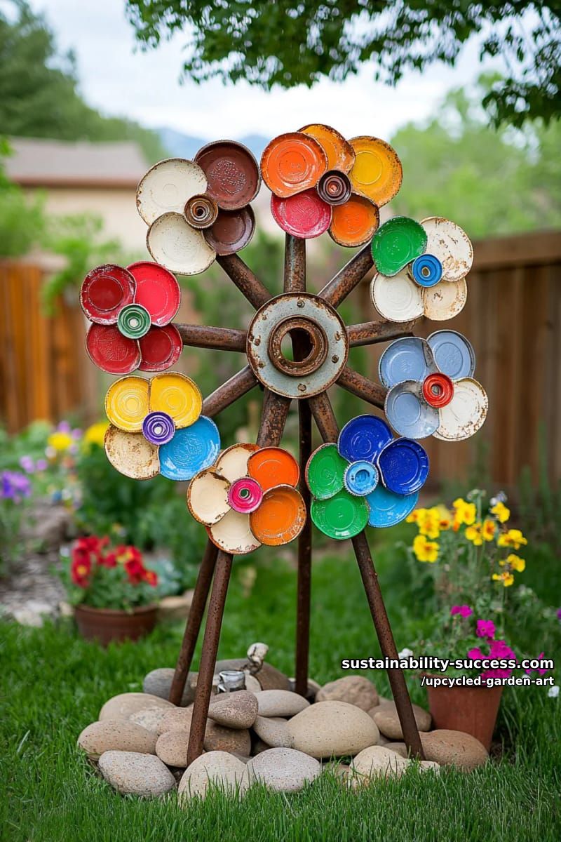 bicycle wheel flower garden sculpture with colorful bottle cap petals 1