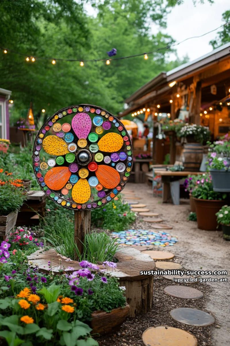 bicycle wheel flower garden sculpture with colorful bottle cap petals 1