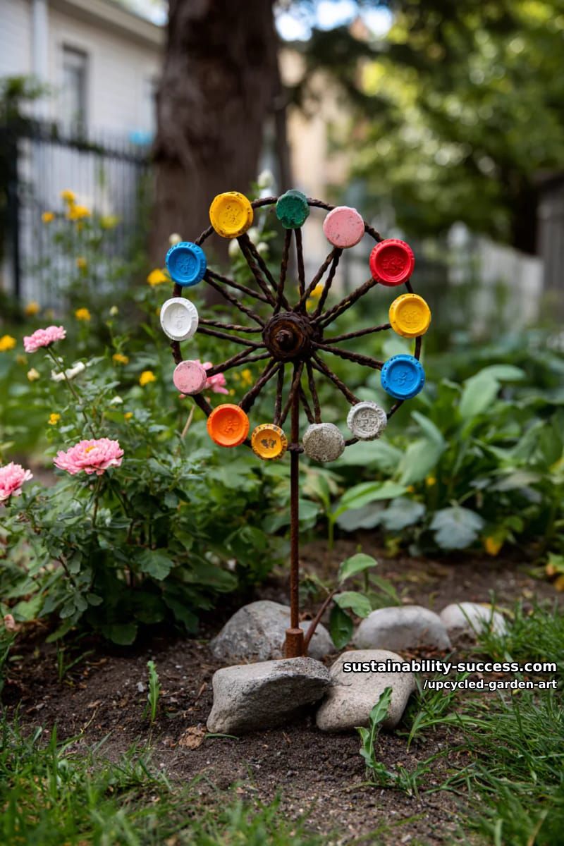 bicycle wheel flower garden sculpture with colorful bottle cap petals 1
