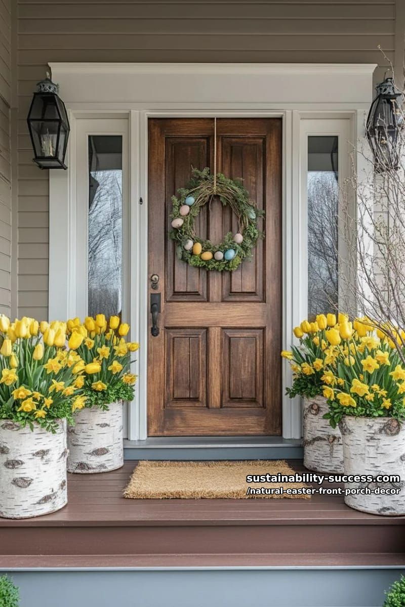 birch log planters filled with tulips and daffodils flanking the front door 1